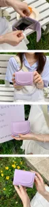 Portefeuille court pour femme en cuir PU violet clair, design multifonctionnel compact.