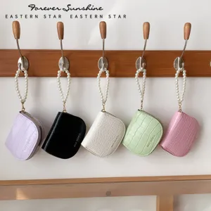 Women Crocodile Pattern PU Leather Wallet With Artificial Pearl Pendant Large Capacity Bifold Zipper Card Case Elegant Clutch Money Clip Organizer Purse