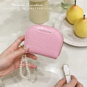 Pink crocodile pattern coin purse with pearl strap, cute card holder wallet for women main.