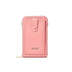 Borsa a tracolla per cellulare in pelle PU rosa con tasca frontale e design elegante.