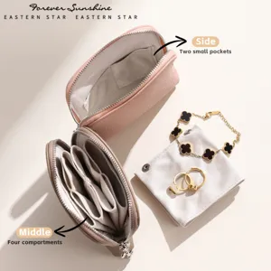 Tragbare PU Leder Schmuck Organizer Tasche Exquisite Vintage Mehrere Fächer Münztäschchen Lippenstift Aufbewahrungstasche Mit Schlüsselanhänger Für Damen
