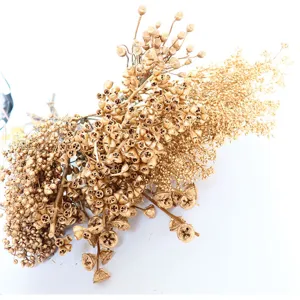 Golden dried eucalyptus pods and millet fruits bouquet for Christmas floral arrangement decor.