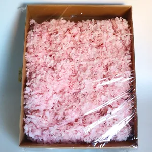Pink preserved hydrangea flowers in box for DIY crafts, aromatic decor and floral design.