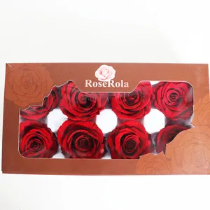 Detail view of preserved rose heads box, 8 red flowers, A-grade quality for DIY gifts.