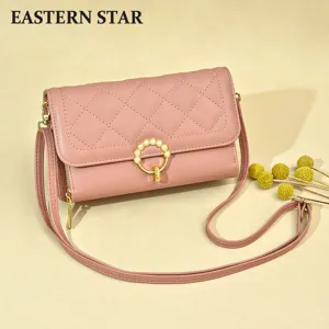 Women Quilted PU Leather Phone Bag Large Capacity Crossbody Shoulder Bag With Pearl Ring Buckle Fashion Long Wallet Purse