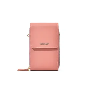 Rosa Mini Umhängetasche für Handys mit Überschlag und seitlichen Reißverschlüssen chic.