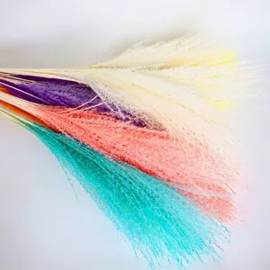 Colorful fluffy dried pampas grass bouquet detail shot, soft reed floral decor.