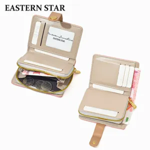 Women short bi-fold wallet PU leather card holder coin purse minimalist pink beige design.