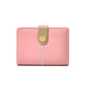 Minimalist pink short women wallet with cute floral embroidery and snap button closure for daily use.