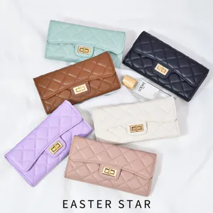 Women Quilted Diamond Pattern PU Leather Long Wallet 2-Fold Clutch Bag With Metal Twist Lock Mother's Day Gift Handbag