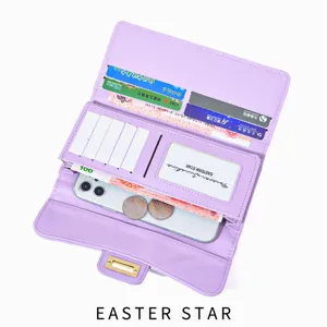 Purple long folding women wallet with card slots cash compartments and phone pocket