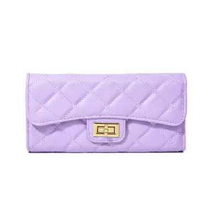 Purple quilted long wallet for women, classic PU leather clutch with gold turn-lock.