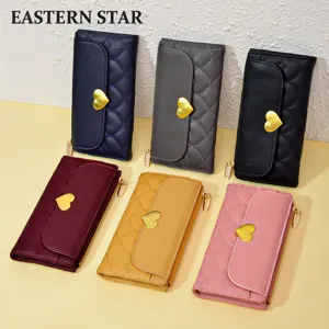 Portefeuille Long en Cuir PU pour Femmes Fermeture à Rabat Boucle Coeur Porte-Cartes Poche pour Téléphone Couleur Unie Matelassé Pochette