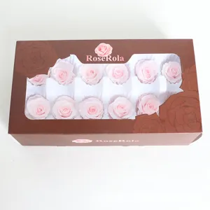 Λεπτομερής λήψη διατηρημένων κεφαλιών τριαντάφυλλου σε καφέ κουτί με παράθυρο, αιώνια τριαντάφυλλα.