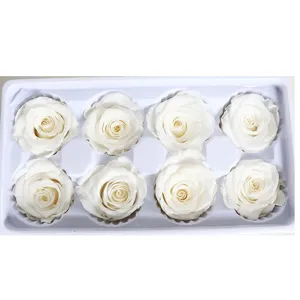 White preserved rose heads set of 8 in tray, 4-5cm A-grade DIY eternal flowers detail view.