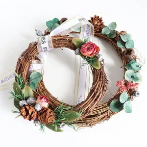 DIY dried flower rattan wreath for Christmas home decoration and photography props detail.