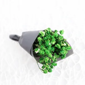 Mini preserved gypsophila bouquet detail, green flowers with black wrapper, cute gift.