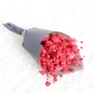 Close-up detail of mini preserved red gypsophila bouquet, perfect for gift box decoration.