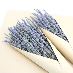 Natural dried lavender flowers bouquet in brown craft paper wrapping for home decor.