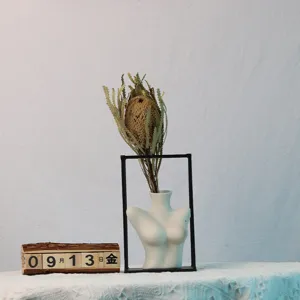 Modern dried banksia flower with human body ceramic vase and metal frame home decoration prop.