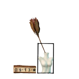 Minimalist female torso ceramic vase with metal frame and dried protea flower ornament.