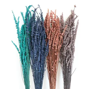 Detailed view of colorful dried lavender flower bouquets, natural preserved plant home decor.