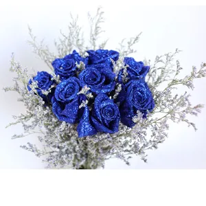 Blauer Glitzer Trockenblumen Rosen Strauß, echte Blumen für romantische Valentinstag Deko.