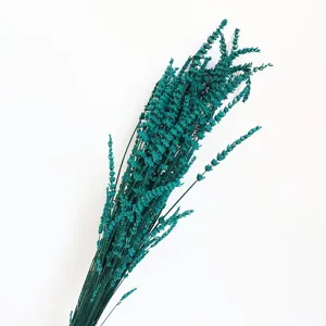 Dried lavender bouquet detail shot, teal preserved flower for home interior decor.