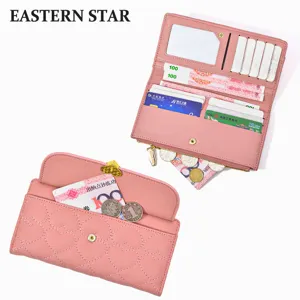 Grand portefeuille femme cœur bouton-pression matelassé cuir PU fentes cartes rose