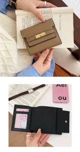Stylish women's short PU leather tri-fold wallet with elegant metal turn-lock closure design.
