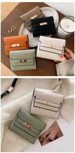Women short trifold wallet PU leather minimalist design multi color compact purse detail view