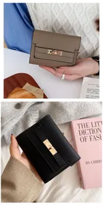 Compact trifold women wallet PU leather short purse with elegant metal lock design daily use