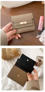 Stylish women short PU leather tri-fold wallet with chic metal clasp design daily use.