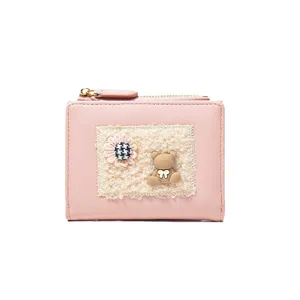 Rosa Plüsch Bär Geldbörse für Damen, kurze Reißverschluss Münztasche mit gesticktem Blumenmuster.