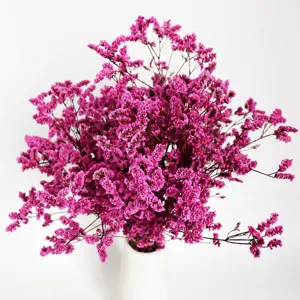 Pink dried statice flower bouquet detail in white vase, ideal for home decor and photo props.