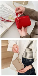 Damen Geldbörse Münzbeutel Schlüsselanhänger Kartenetui Kleine Clutch Tasche Rot Beige