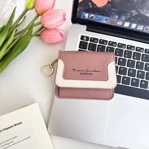 Women Mini Wallet PU Leather Foldable Purse Contrast Color Card Holder Key Ring Metal Chain Small Bag Ladies Wallet