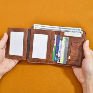 Men vintage brown short leather wallet with multiple card slots and clear ID windows.