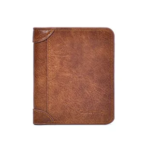 Classic brown men's leather bifold wallet with card slots and compact vintage design.