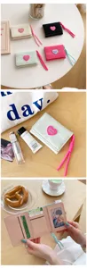 Women trifold short wallet cute heart patch pu leather coin purse with lanyard cute minimalist