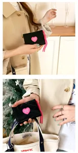 Korean style trifold short wallet with heart patch and cute pink lanyard for women daily use.