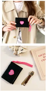 Mini trifold wallet with pink heart patch and lanyard, cute student short card holder.