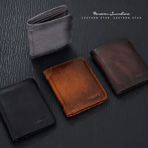 Vintage Echt Lederen Heren Portemonnee RFID Blokkeren Slanke Drievoudig Tweevoudig Korte Verticale Kaarthouder Rundleer Geldclip
