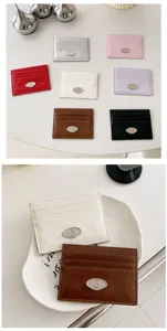 Close-up detail of minimalist multi-color PU leather card holder with metal S emblem.