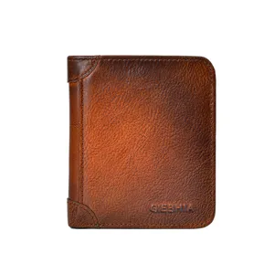 Heren vintage bruine lederen korte verticale portemonnee, minimalistische kaartenhouder beurs.