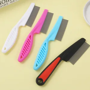 Pet flea comb set with stainless steel fine teeth and colorful plastic handles for pet grooming.