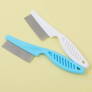 Fine-toothed pet flea comb detail view, showing stainless steel teeth and plastic handle.