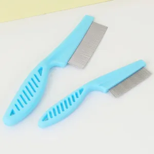 Detailed view of blue pet flea combs with fine stainless steel teeth for facial hair cleaning.
