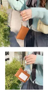 Damen braune Litschi-Muster PU Leder Kartenetui Geldbörse mit elegantem Perlenarmband.