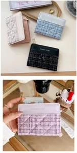 Femme Tweed Petit Portefeuille Cuir PU Porte-Monnaie Fermeture Éclair Chic Élégant